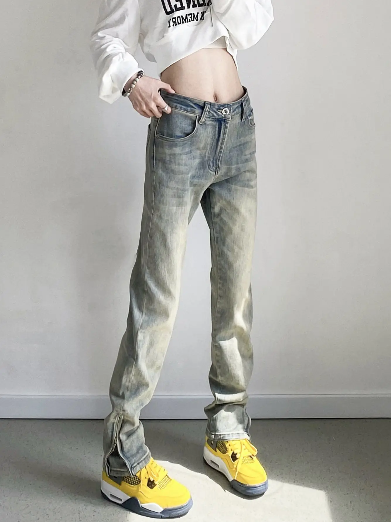 

Мужские джинсы прямого кроя Slim Fit, весенне-осенние, в американском стиле, с боковой молнией, модные, молодежные, повседневные, с эффектом похудения