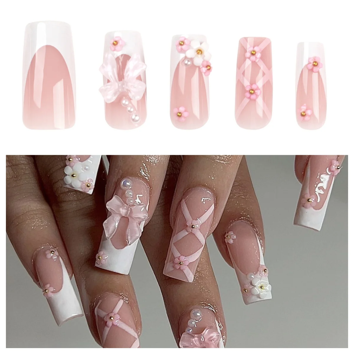 

Pink Cute Bow Mid-Length Flower Press on Nails - US EU Trendy Reusable False Nails