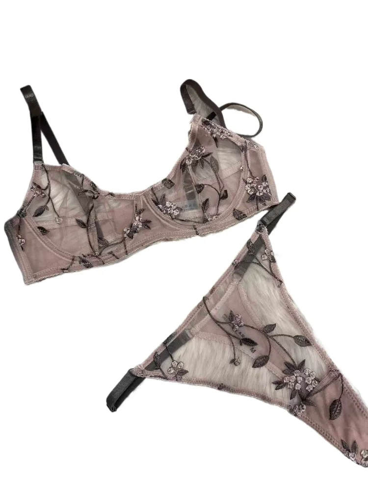 Plus Size French Lace Bra & Thong Set | Sexy Embroidered Ultra Thin Sheer Lingerie for Large Bust, Anti Sagging MOYISU Sexy S-XL