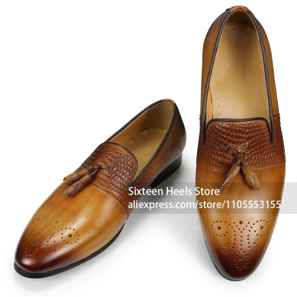 Men'S Shoes Crocs - Parlak Püsküllü Brogue Loafer'lar Timsah Derisi