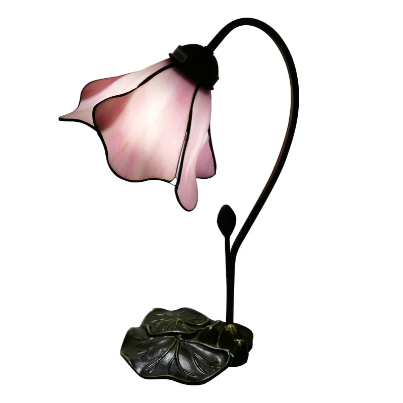 Style Vintage Reading Table Lamp Pink Lotus Stained Glass Remote Control Warm White LED Bulb Electric Power Room Use