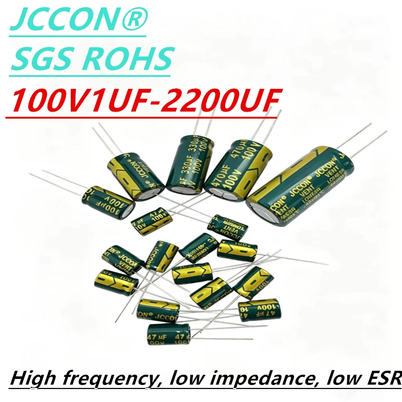 JCCON 100V Aluminum Electrolytic Capacitor 1μF 10μF 47μF 100μF 220μF 330μF 470μF 680μF 1000μF 2200μF High Frequency Low ESR Long