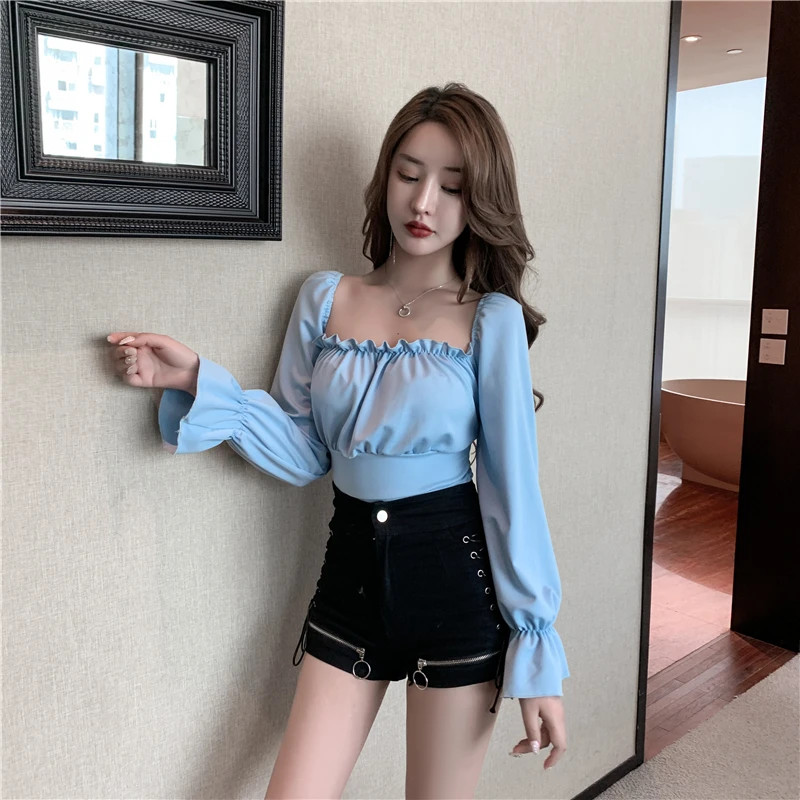 Elegant Women\'s Sweet Bandage Shirt Solid Color Sexy Club Crop Tops Sqaure Collar Long Sleeve Short Length Blouses Summer Autumn