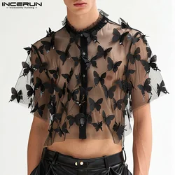 Men Shirt Patchwork Stand Collar Short Sleeve Mesh Transparent Men Clothing Streetwear Summer Fashion Casual Crop Tops INCERUN