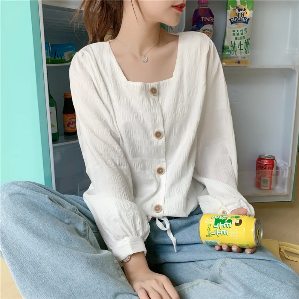 Women's Blouses Button Long Sleeve Lace Up Square Collar Spring Lightweight Tender All-match Korean Style Tops Students Simple