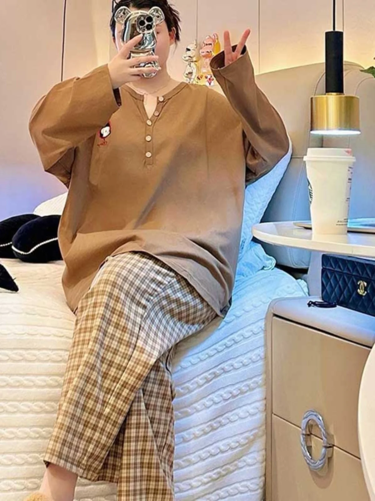 

plus Size Home Clothes Sleepwear Set Women's Autumn Winter Long Sleeve V-neck Plaid Pants Two-piece Set Comfortable Homewear