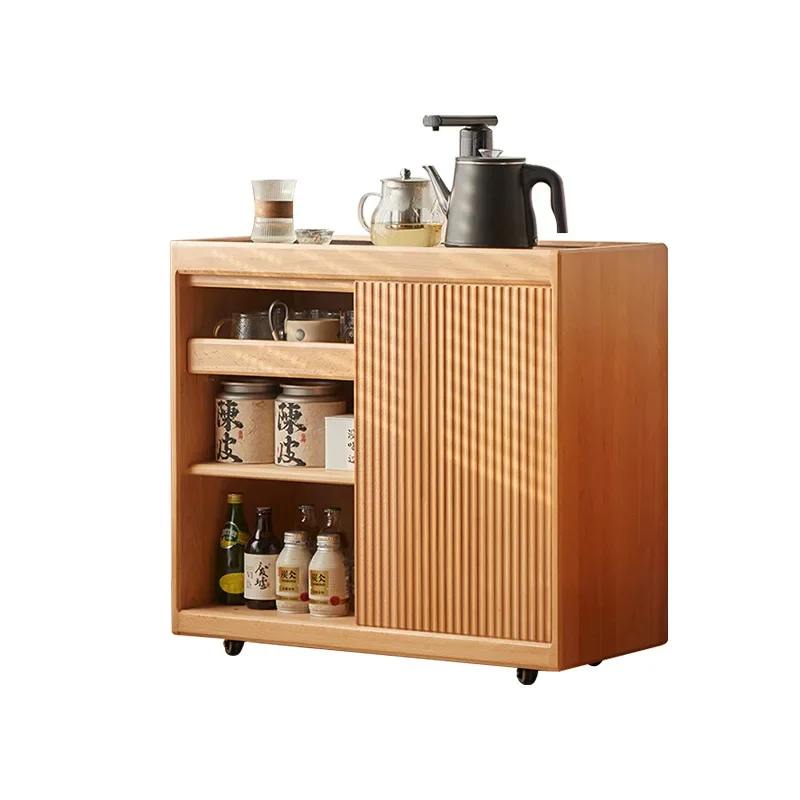 Mobile North American red oak tea side cabinet, tea table small household kettle integrated side table