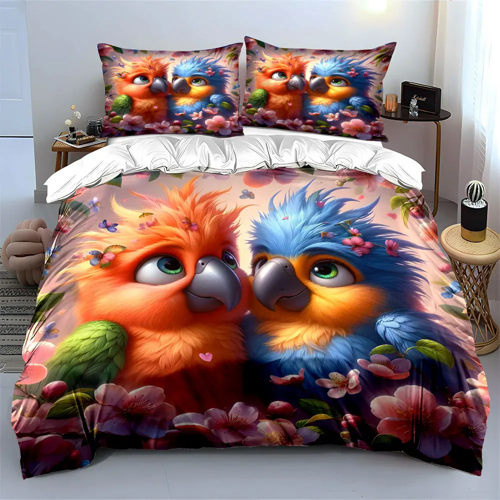 Cute parrots with cherry blossoms Print Bedding Set 1 Duvet Cover 2 Pillowcases for Adult and Children Luxury Gift Full Size
