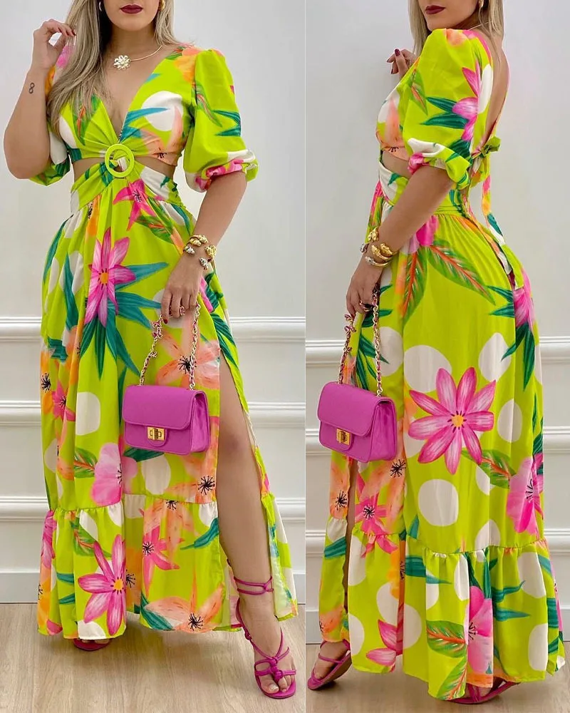 2025 Summer Women half Sleeved Cutout V-Neck Twist Elegant Tie Dyed Floral Printed Lantern Sleeve Split Thigh Maxi Dress