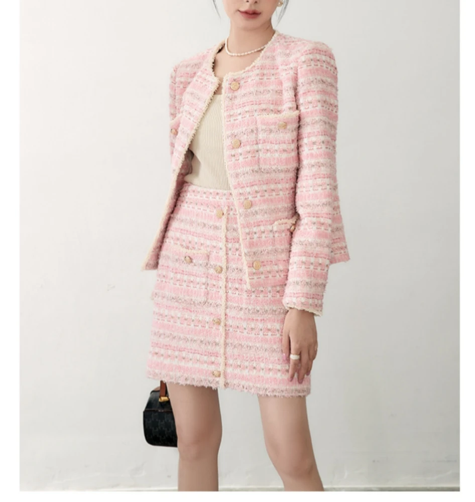 Korean Autumn Winter Sweet Women Elegant Pink Tweed Jackets + A-line Skirt Two Piece Set C626