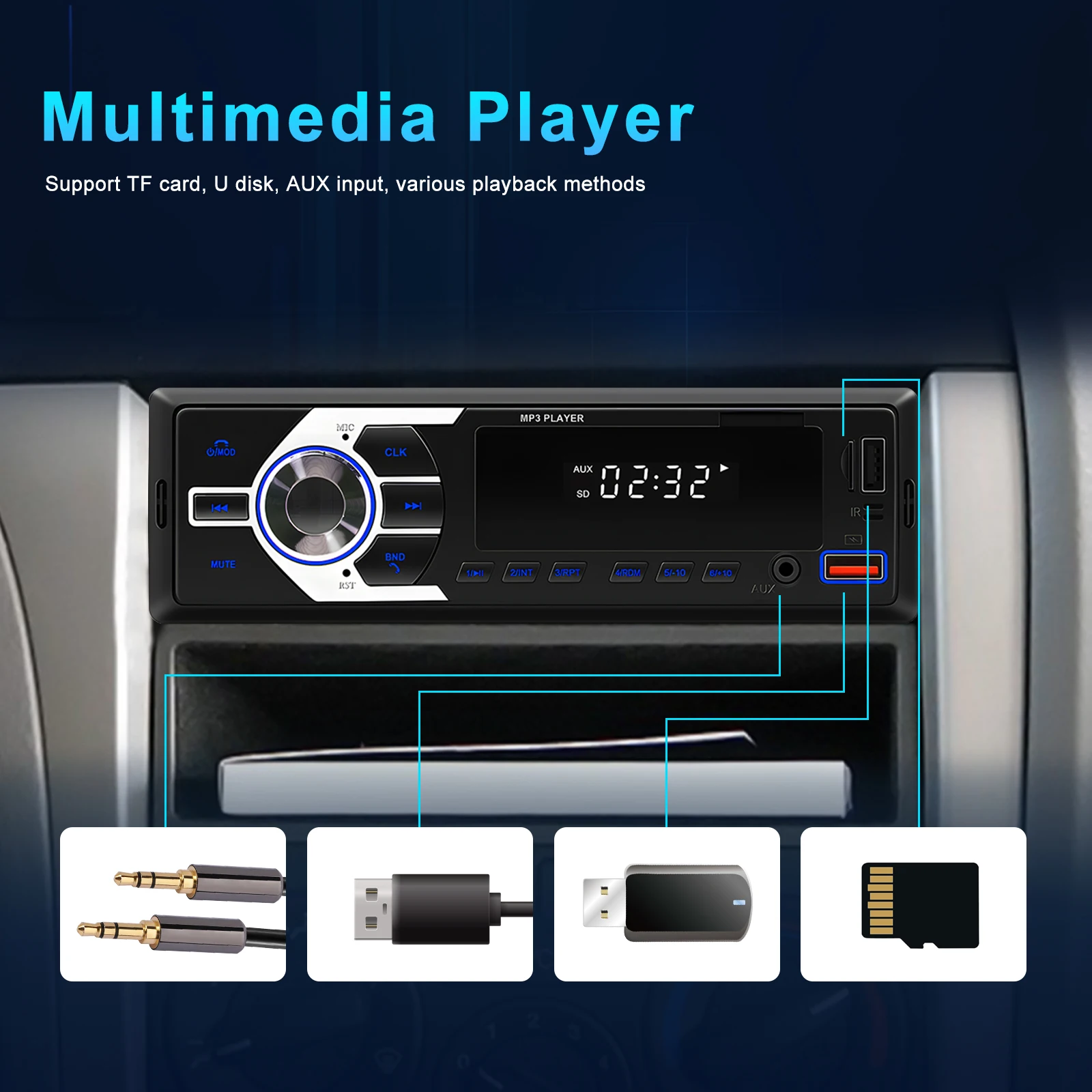 Podofo 1 din Car Radio Stereo FM Aux Input Receiver SD USB 12V In-dash 1DIN Car MP3 USB Multimedia Autoradio Player