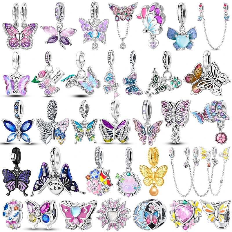 Pendentif papillon coloré en argent Sterling 925, perles breloque, chaîne de sécurité papillon doré, adapté aux bracelets de 4MM de diamètre du trou, bijoux