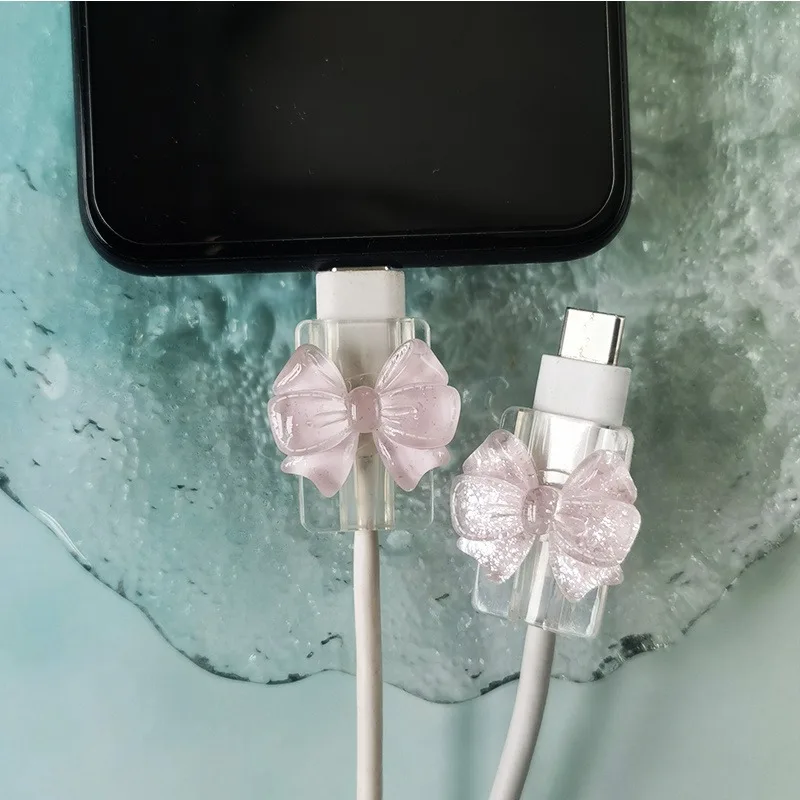 2Pcs Korean Bow INS Clear Charger Data Cable Protector Cover Charger Cute Line Protectors Winder Anti-break Cord Cover Wrap
