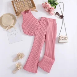 Girls Summer New Pink Sleeveless Top + Pink Pants Stylish Birthday Party Vacation Holiday Daily Casual Sweet Two Piece Set