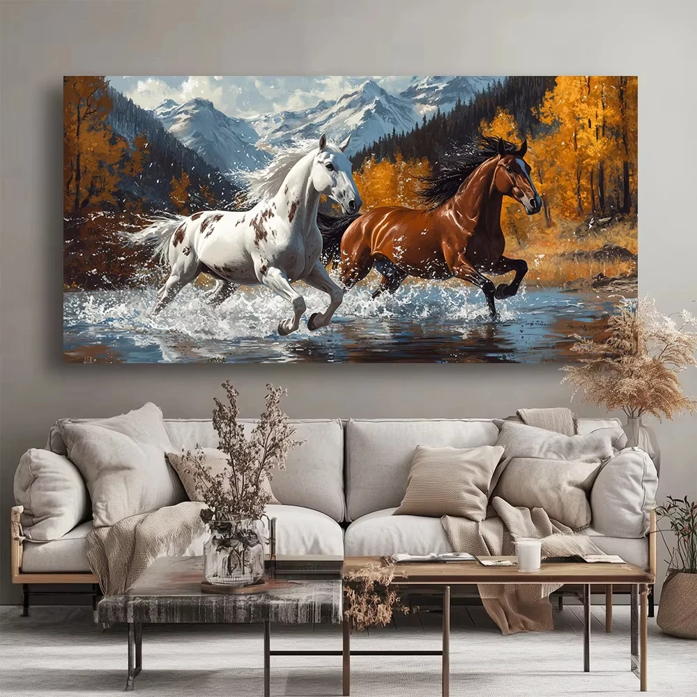 Animal White and Brown Horse Canvas Painting Two Galloping Horses Poster and Prints Wall Art Picture for Living Room Home Decor
