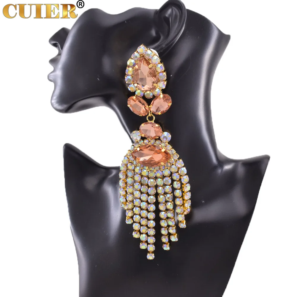 Strass SS28 Dazzling17CM Lange Quaste Clip auf Ohrring für Frauen Schmuck Kristall AB Große Größe Zubehör für Drag Queen
