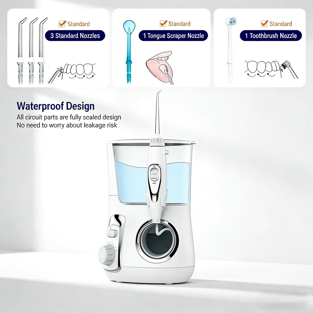 

Электрический ирригатор для полости рта с 10 режимами, резервуаром для воды 800 мл и 5 насадками