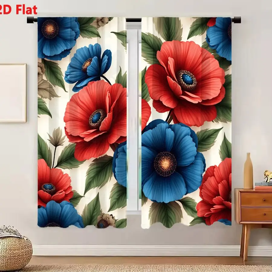 2Pcs Curtains 2D Flat Seamless Floral Pattern With Vibrant Red And Blue Poppy Like Flowers Detailed Petals Dark Blue Or Brown Ce