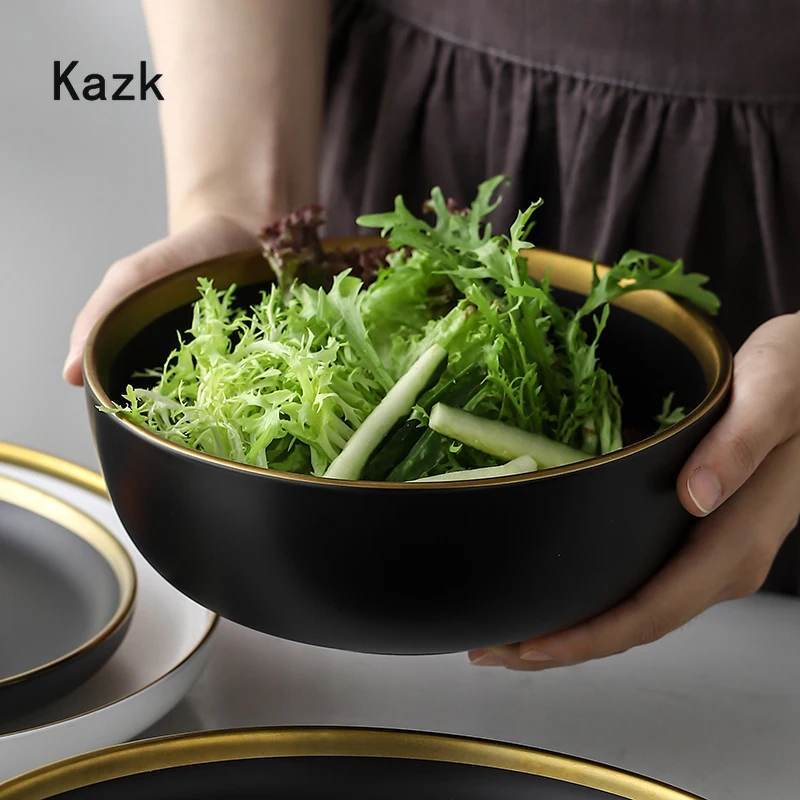 Black White Matte Porcelain Dinner Plate Nordic Gold Stroke Spaghetti Western Plates and Bowls Salad Dishes Kitchen Tableware