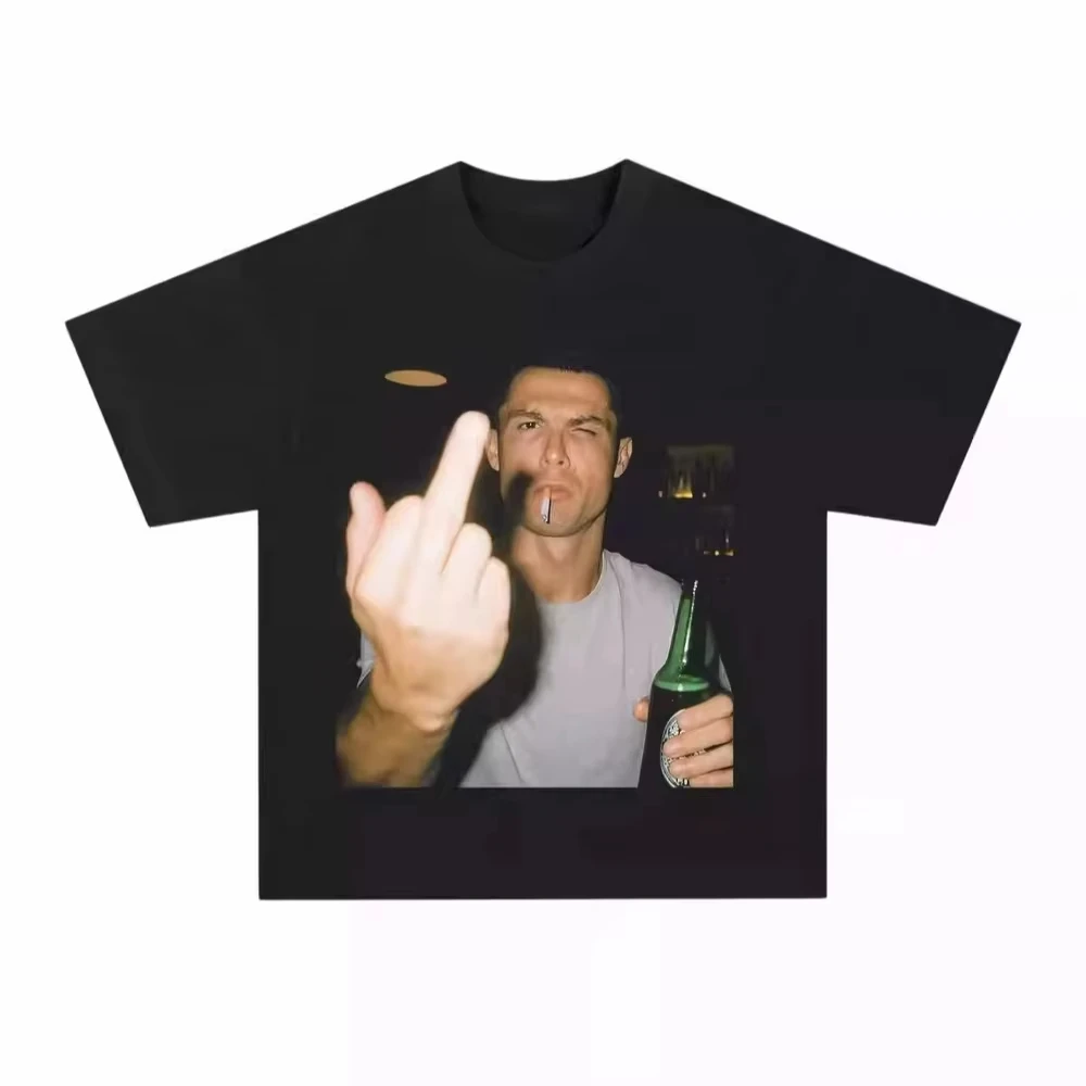 2026 Summer Men's Retro Ronaldo Printed Round Neck T-shirt Neutral 100% Cotton Street Casual Daily Black Short Sleeve