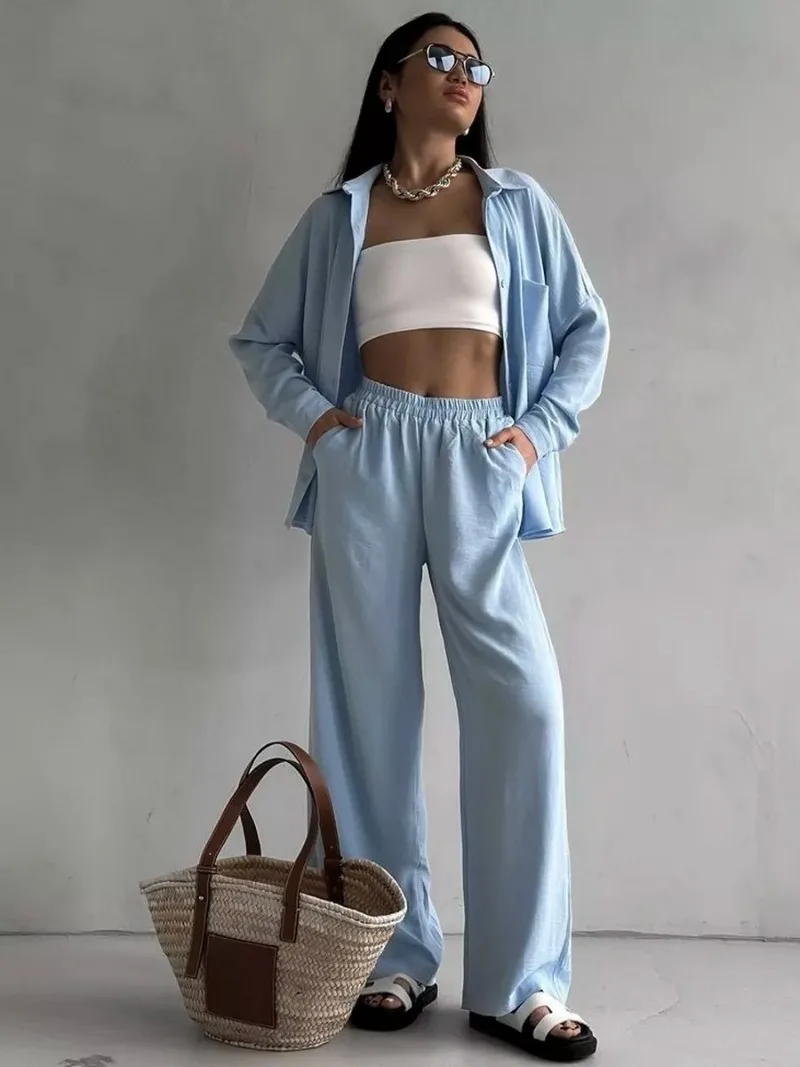 

2025 new women's solid color cardigan pocket casual temperament simple wide leg pants set
