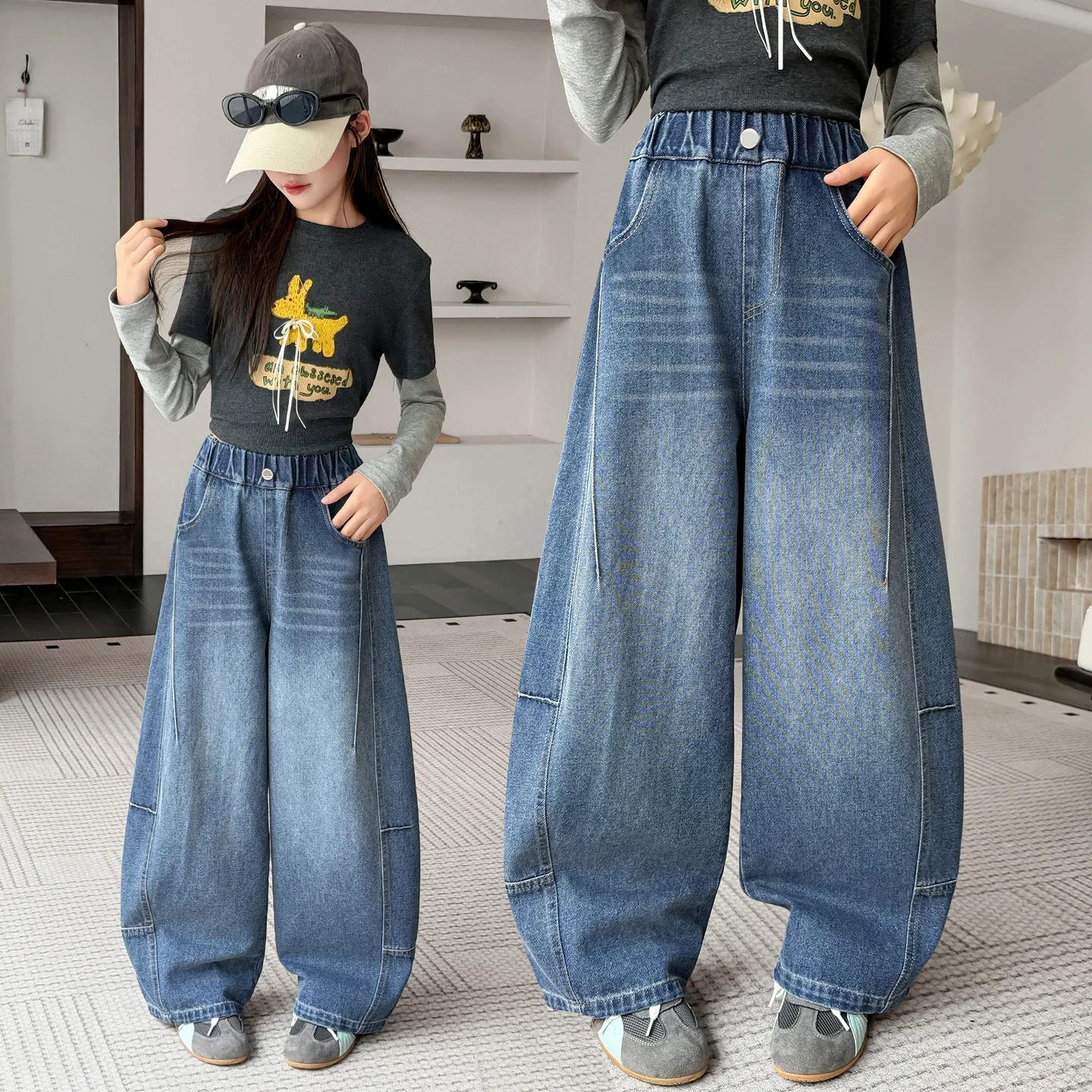 Girls Banana Pants 2026 Fall New Child Retro Washed Curved Jeans Loose Casual Trousers Trendy Kids Casual Straight Denim Pants