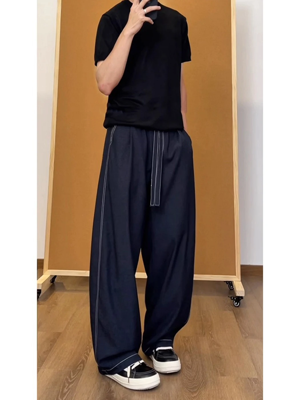 

Мужские джинсы из ледяного шелка, летние, свободного кроя, прямые, широкие штанины, удобные, модные, для подростков