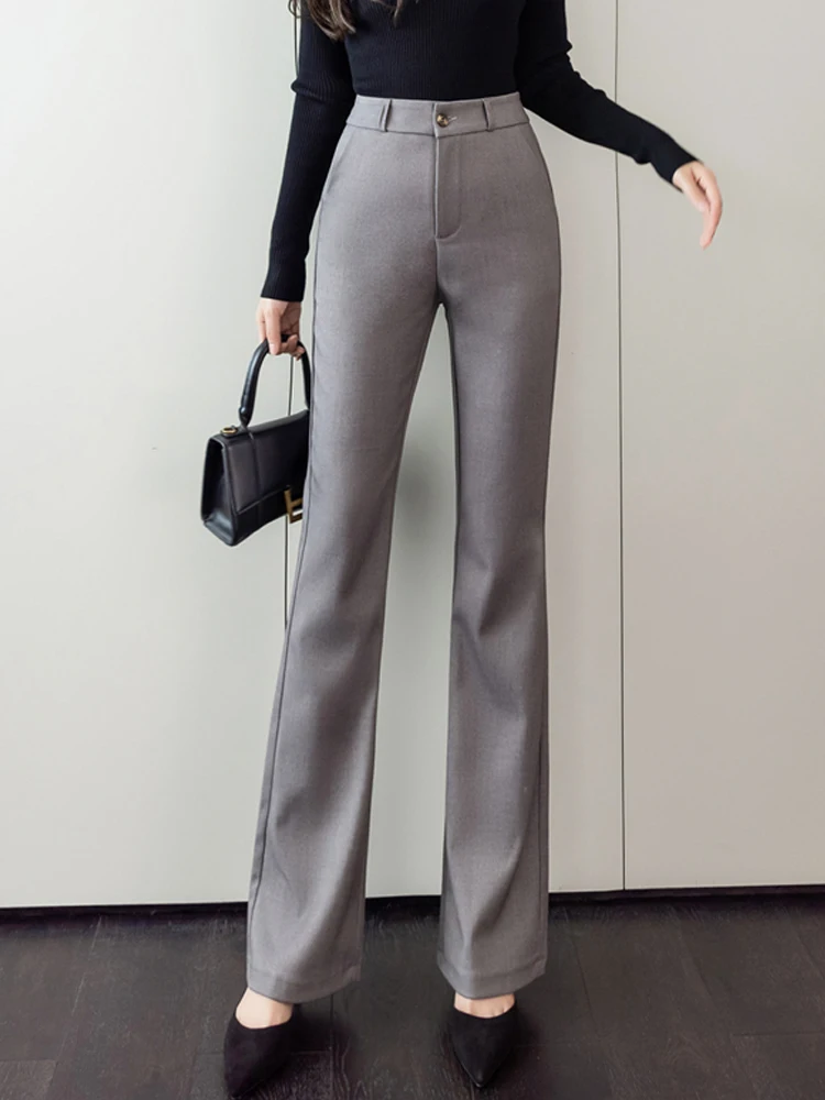 Fashion Business Suit Pants Women High Waist Elegant Korean Vintage Black Gray OL Flare Pants Female Simple Straight Trousers