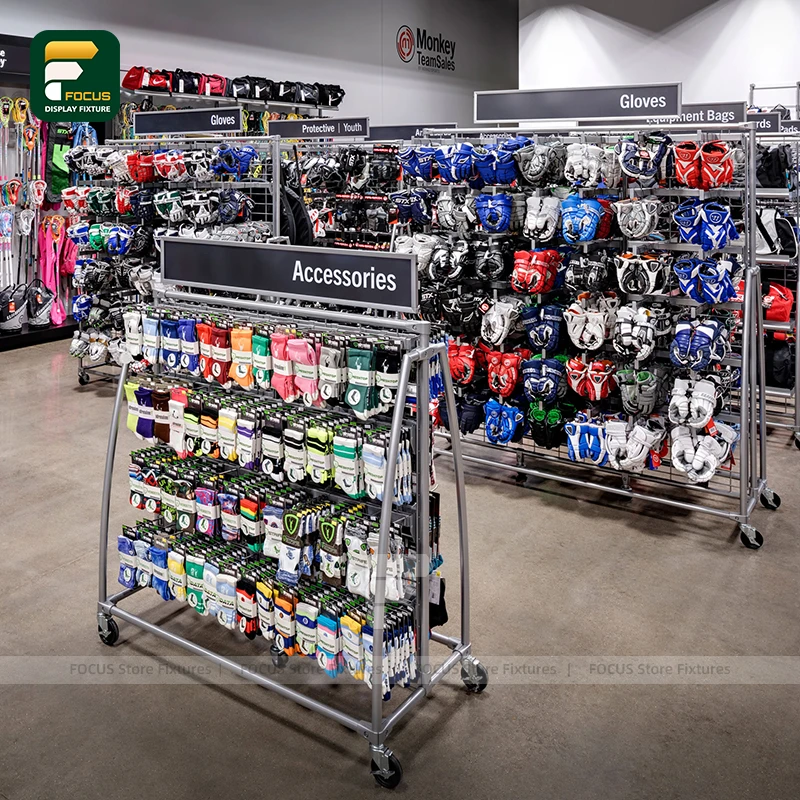 custom.Retail Display Stand Sports Glove Apparel Fixture Multi-Layer Hanging Rack Mobile Clothing Holder Protective Gear Showcas