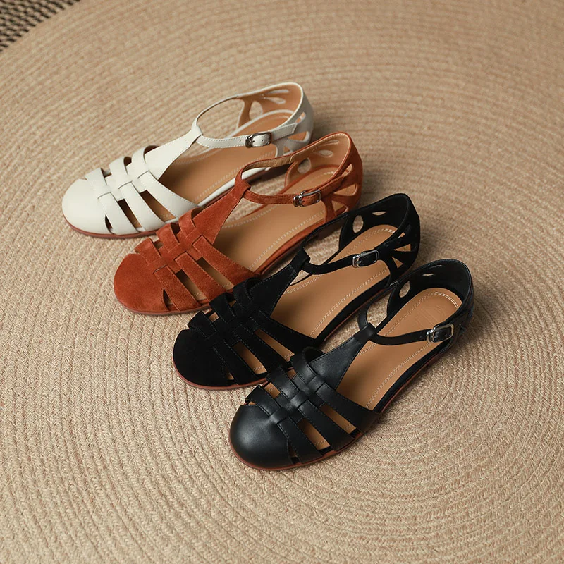 Phoentin Summer Gladiator Sandals Retro Hollow low heel Shoes Women Genuine Leather T-Strap Casual pumps Handmade Brown FT1906