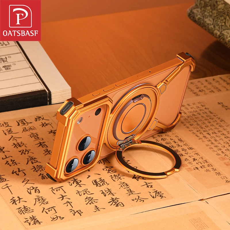 

Oatsbasf Metal Frameless Phone Case for iPhone 17 16 15 14 13 Pro Max with 360°Rotation Stand Shockproof Protection Bumper Cover