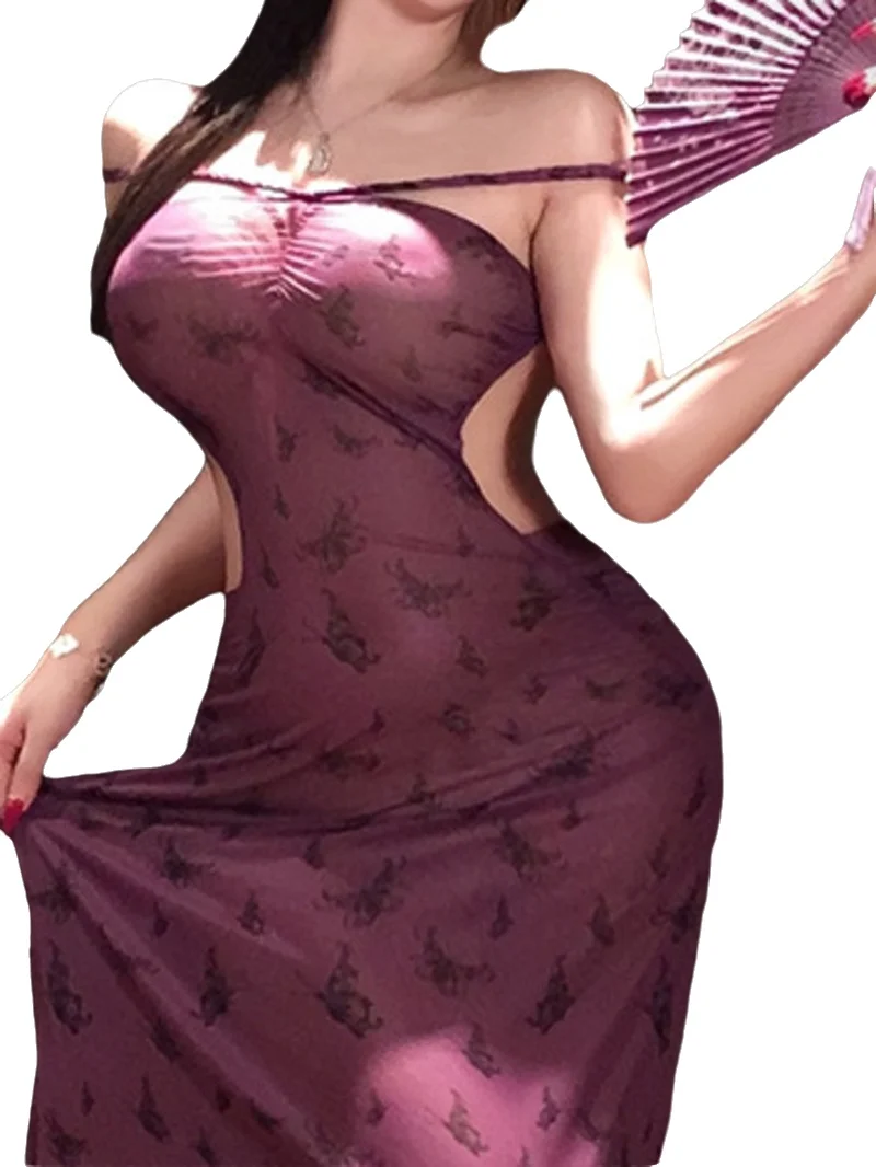 

Sexy Cheongsam Print Strapless Sheer Elastic Tight-fitting Long Nightdress Transparent Bowknot Transparent Mesh Dress Charm RMUB