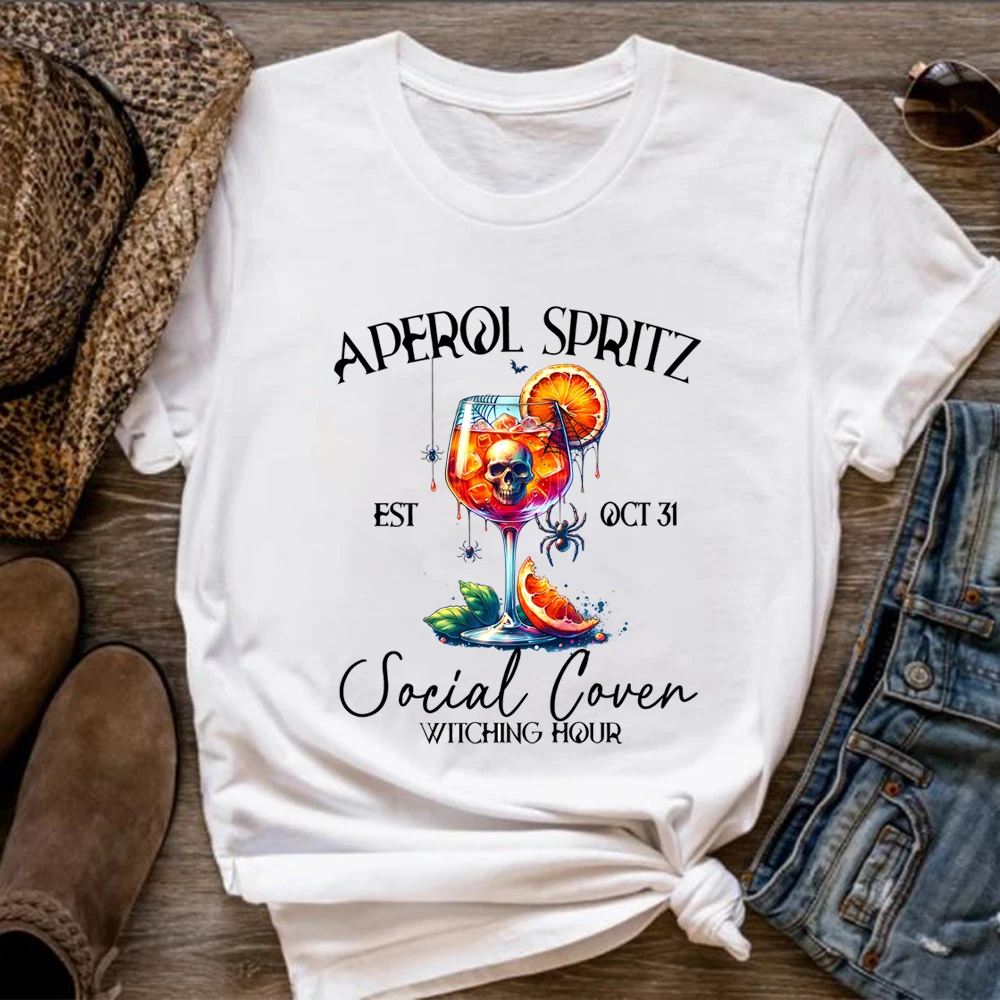 Aperol Spritz Halloween T-Shirt Spooky Halloween Shirt Cocktail Shirts Club Tee Aesthetic Witchy Top Halloween Short Sleeves Top