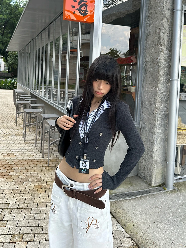 Seeslim إنجلترا نمط المرقعة وهمية قطعتين بلايز الخريف تي شيرت ملابس حريمي كم طويل 2000s الملابس Y2k تيز أنثى شيك