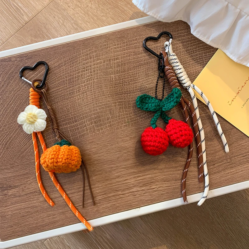 Sweet Crochet Double Pumpkin Cherry Shaped Bag Charm Keychain Braided Long Tassel Rope Design Trendy