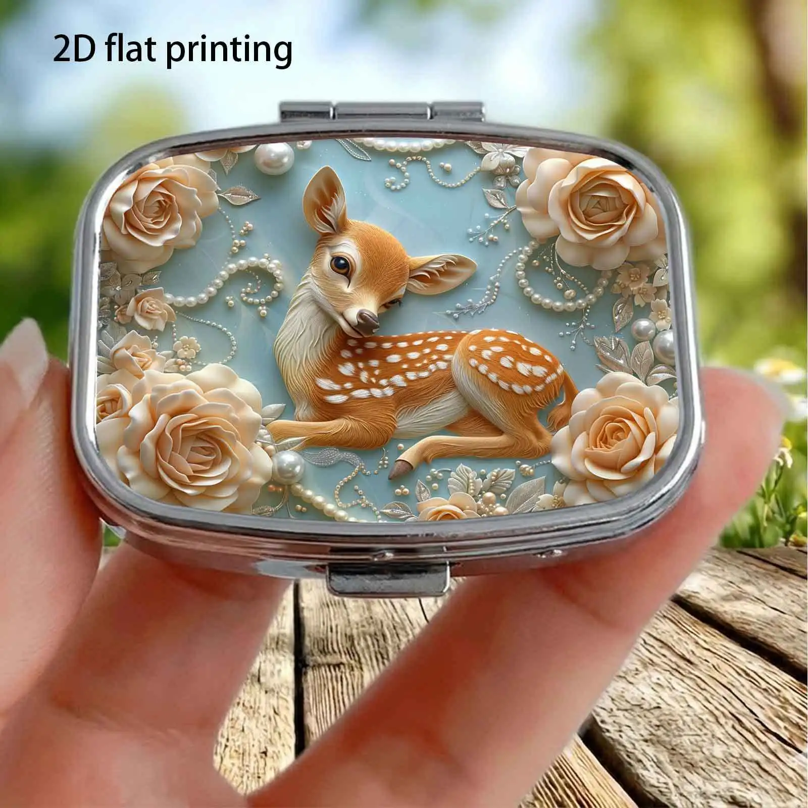 Light Blue Embossed Rose, Pearl, Plum Blossom, and Deer Gentle Vintage Pattern, Small Square Two-Compartment Pill Organizer, Portable Medicine Storage, Household Portable Organizer Box, Also a Decorative Box, Perfect for Handbags, Wallets, and Travel, Metal Storage Box, Small Jewelry Organizer, Ideal for Holiday Gifts, Souvenirs, Prizes, and Small Gifts