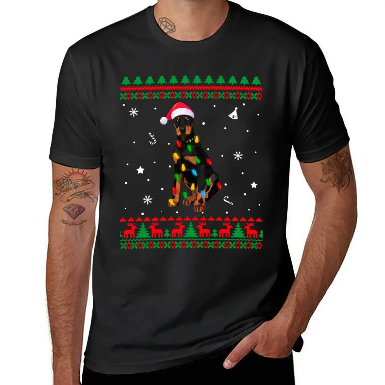 

Xmas Ugly Sweater Christmas Lights Doberman Dog Lover Long Sleeve T-Shirt blanks blacks plain black t shirts men