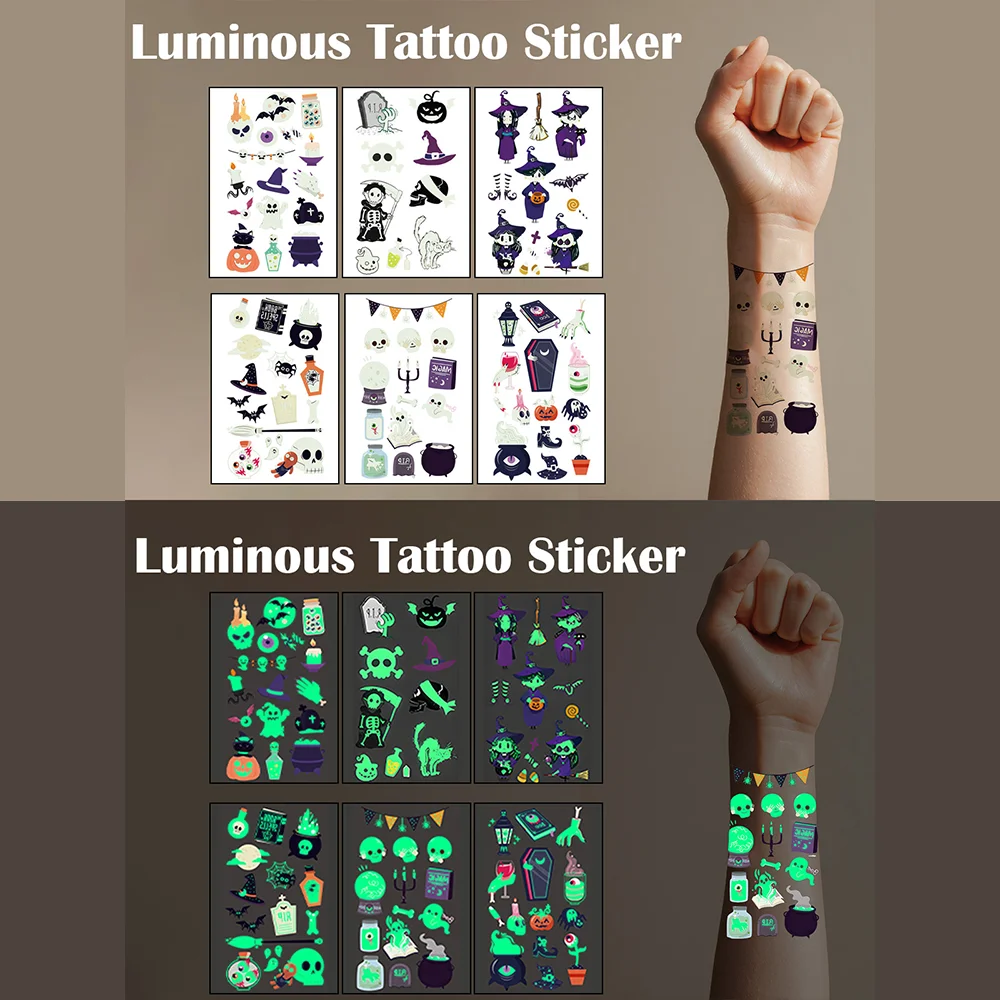 

Halloween glowing tattoo horror glowing face body pumpkin stickers 6 sheets, ghost spider web costume party supplies