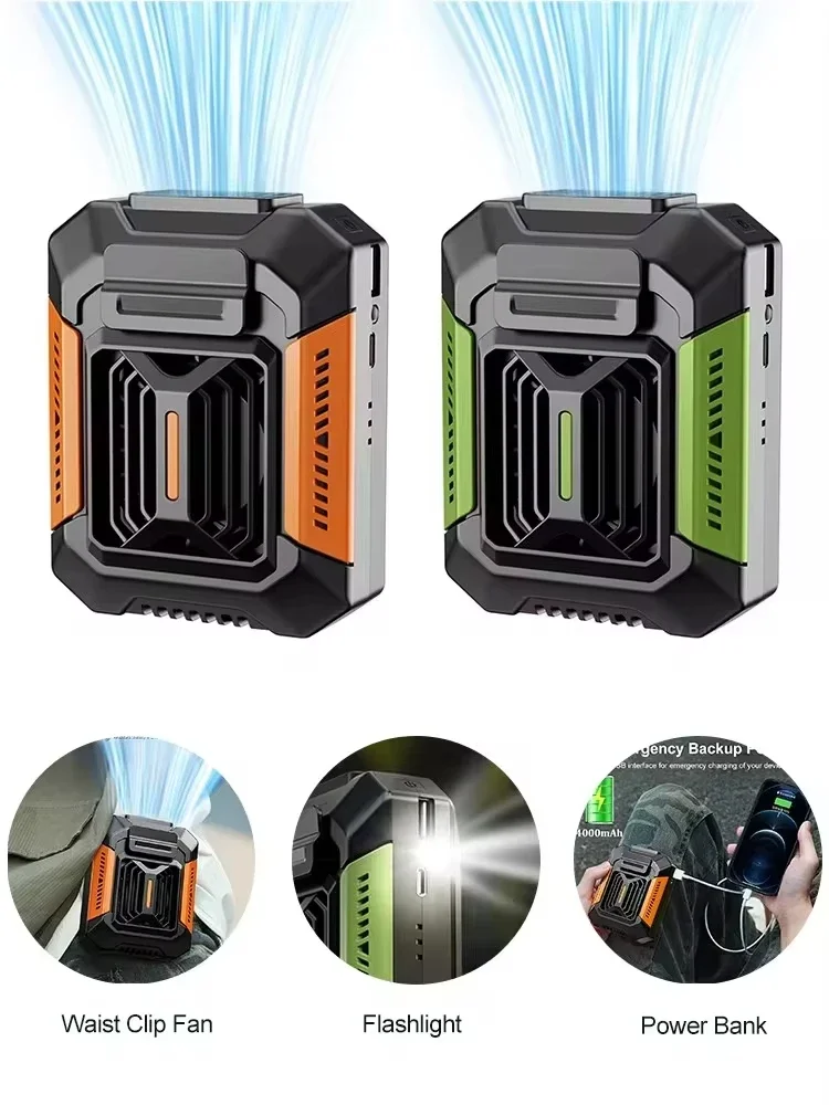 Personal Belt Clip Fan Portable Power Bank Flashlight Wearable Personal Fan Hanging Neck Fan for Outdoor Works Hiking Camping