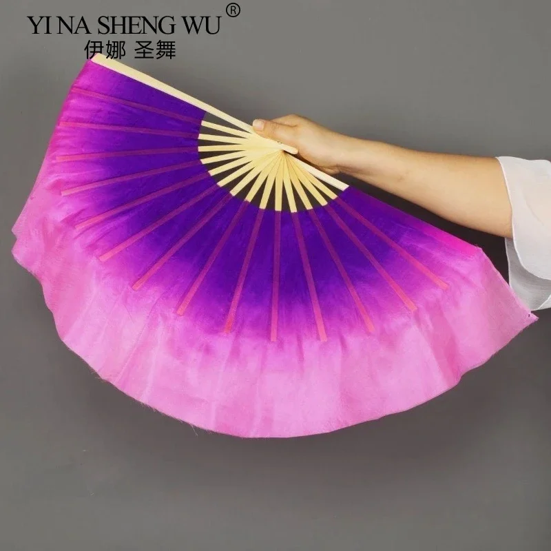 Éventails de danse du ventre Double face, violet rose dégradé de couleurs, accessoires de danse de Performance classique pour danseurs, éventail en soie véritable, 1 pièce