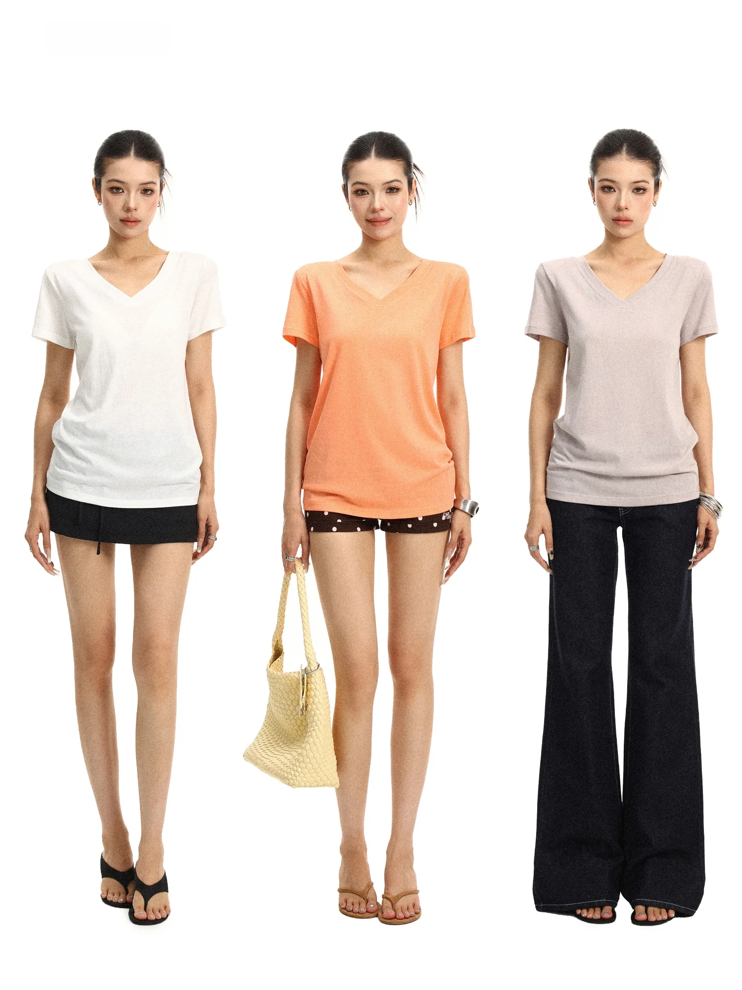 

Casual V-neck Short Sleeve T-shirt Women's Summer Slimming Basic Color Top Comfortable Breathable Loose Fit T-shirt