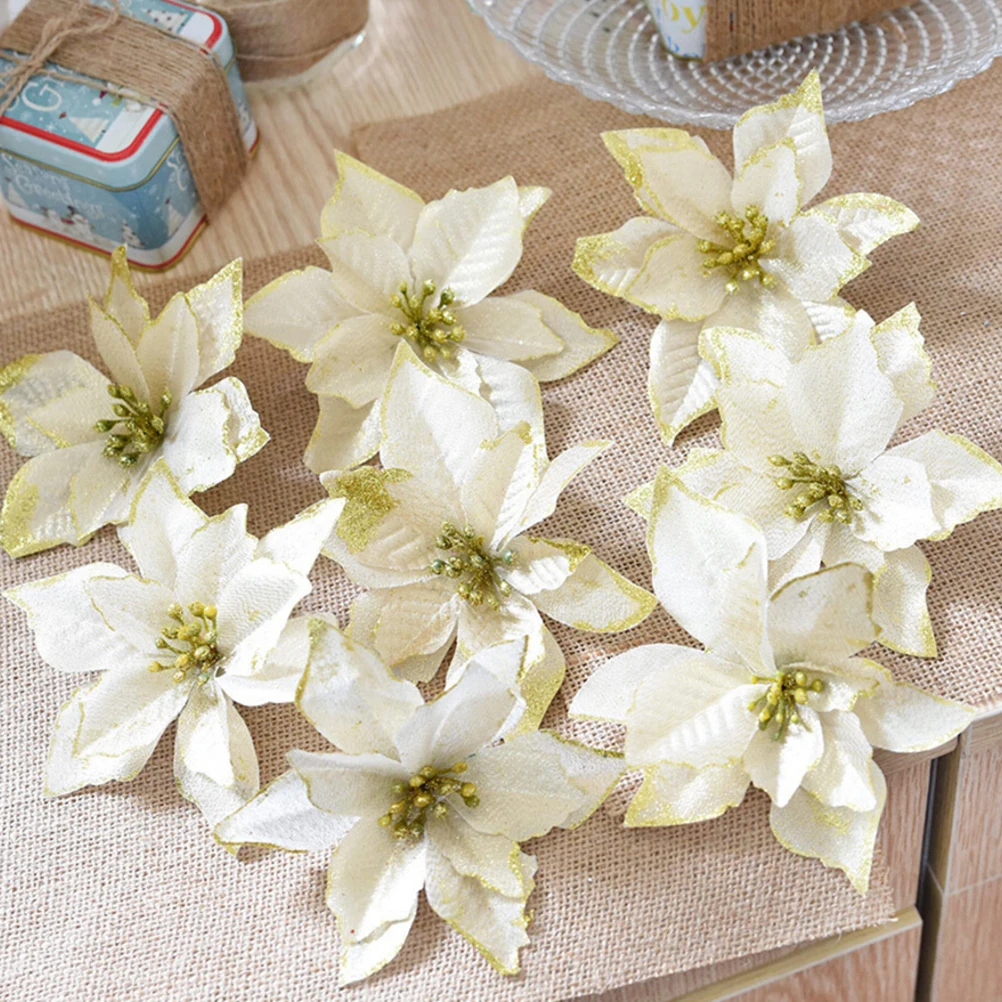 

10 Pcs Christmas Flower Decoration Fake Flowers Xmas Tree Ornaments Gold Artificial Glitter Father