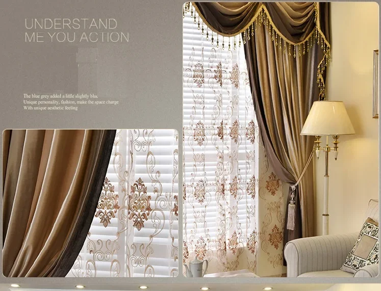 Europäische Luxus-Samtvorhänge für Wohnzimmer, Verdunkelung, Schlafzimmer, Tüll, Volant, Verdickung, reine Farbe, Fenster, elegant, individuell anpassbar – Detail 7