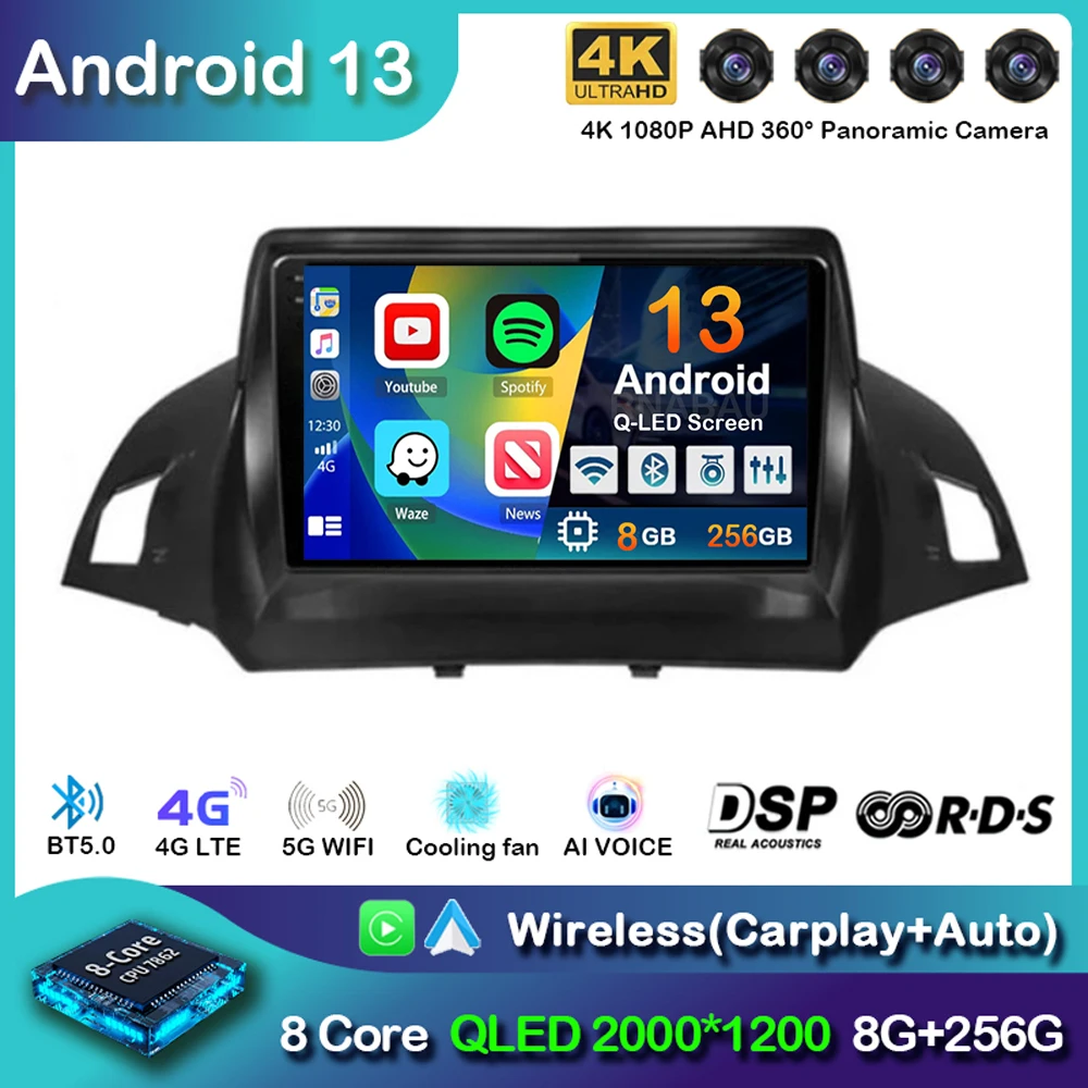 Android 14 For Ford Kuga Escape 2013 - 2016 Car Radio Multimedia Navigation GPS WIFI+4G Auto Wireless Carplay Stereo Player DSP