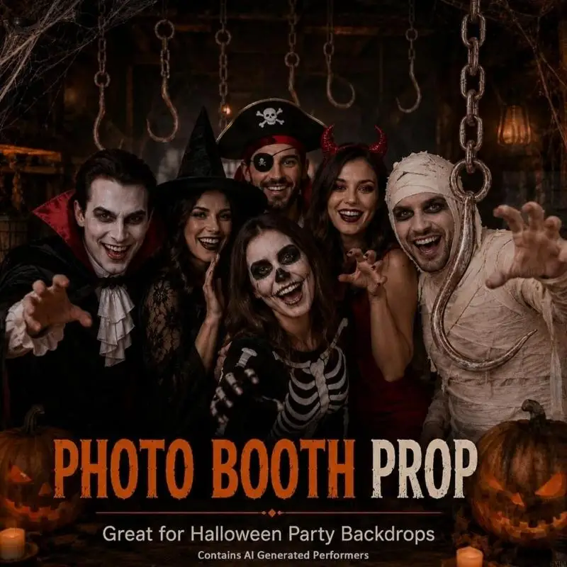 Plastic Hooks with Chain Halloween Butcher Hook Prop with Distressed Metallic Look and Hanging Chain, Plastic Horror Decoration