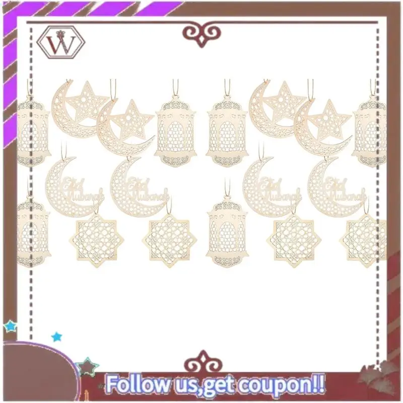 

ABBG-18Pc Wooden Pendant Ornament Ramadan Hollow Decoration Moon Star Wind Light Shape Pendant Ornament Eid Party Decorations