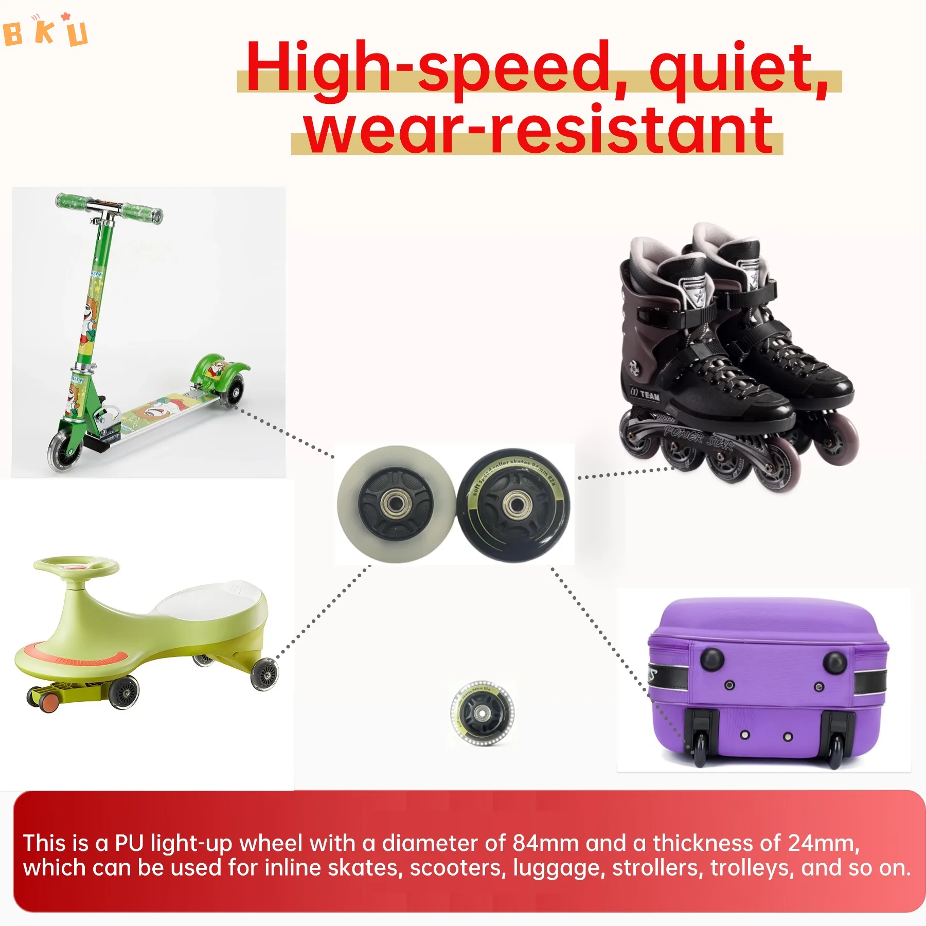 2/4/8PCS 84mm LED Light-Up PU Wheels (Black/Black-Inner White) - Abec-7 Bearings for Inline Skates/Scooters/Bags