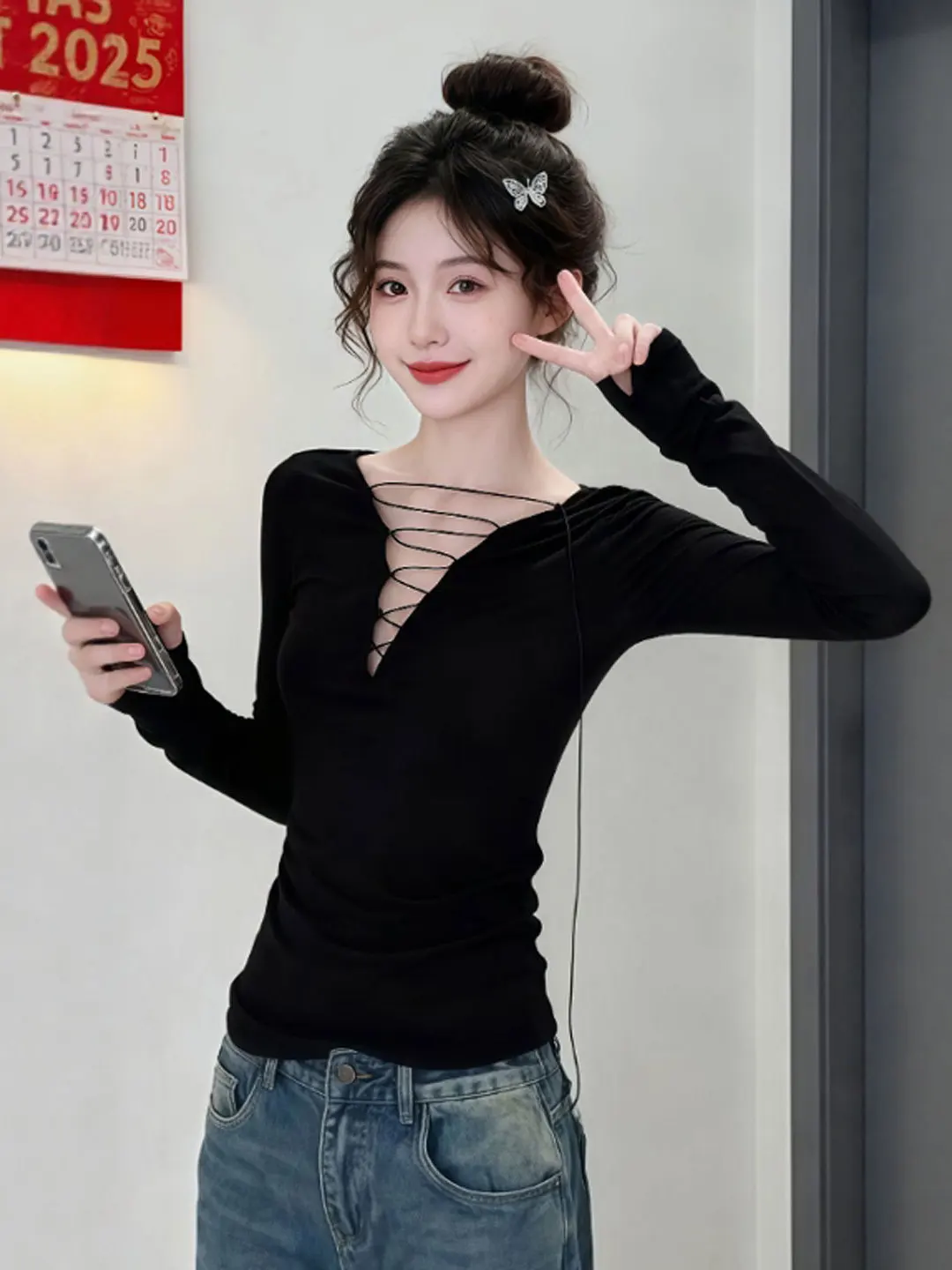 

Сексуальная облегающая футболка с длинным рукавом и вырезами, уникальный красивый дизайн во французском стиле, женская зимняя модная повседневная одежда, топ