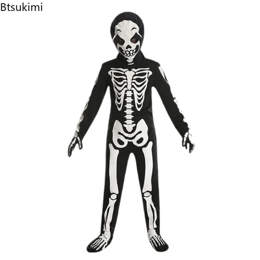 Kids Halloween Skeleton Costume Glow in The Dark Bone Jumpsuit Mask Party Dress Up Scary Outfit for Cosplay Performance Carnival view 5