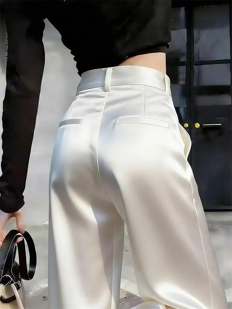 Women Solid Color Acetate Satin Wide Leg Pantalons Korean Lady Fashion Casual Trousers Summer Femme High Waist Straight Leg Pant
